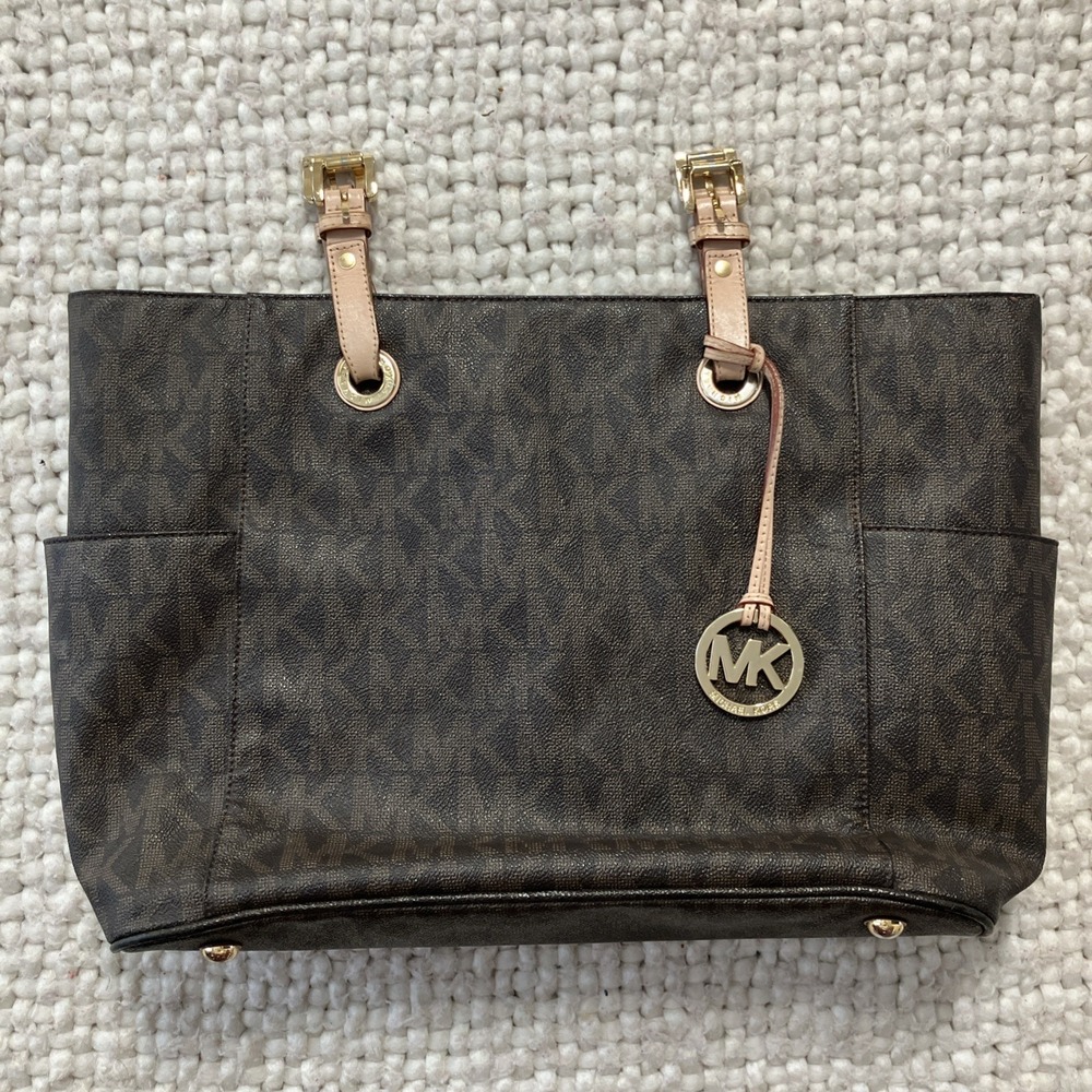 Michael Kors Large Brown Signature Tote Shoulder Bag Jet Set Purse *No Handles*